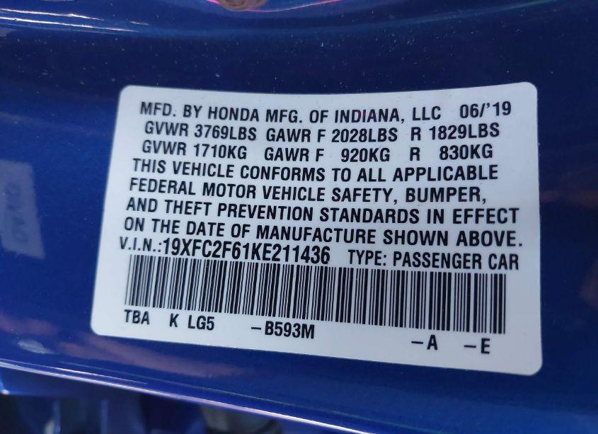 Photo 9 of 2019 Honda Civic LX (VIN 19XFC2F61KE211436)
