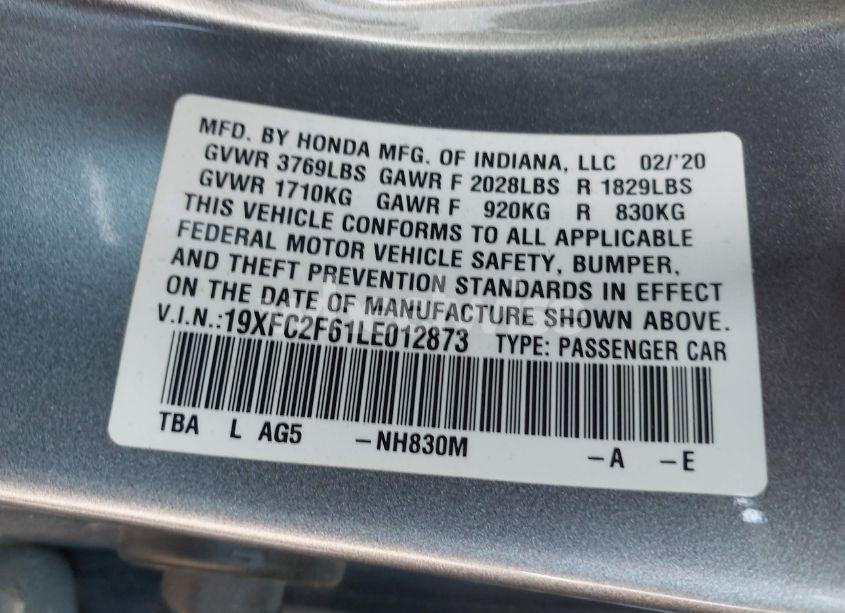 Photo 9 of 2020 Honda Civic LX (VIN 19XFC2F61LE012873)