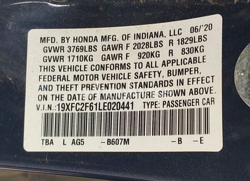 Photo 9 of 2020 Honda Civic LX (VIN 19XFC2F61LE020441)