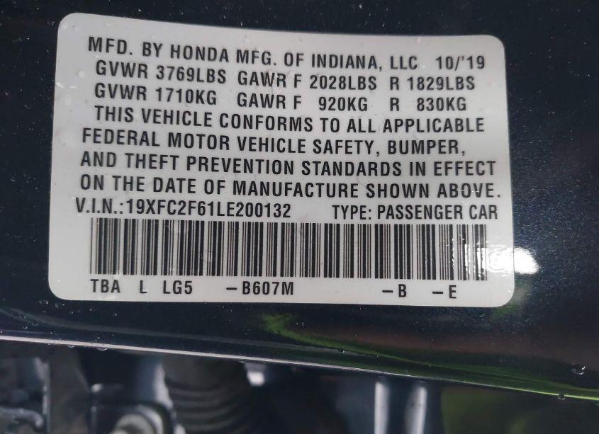 Photo 9 of 2020 Honda Civic LX (VIN 19XFC2F61LE200132)