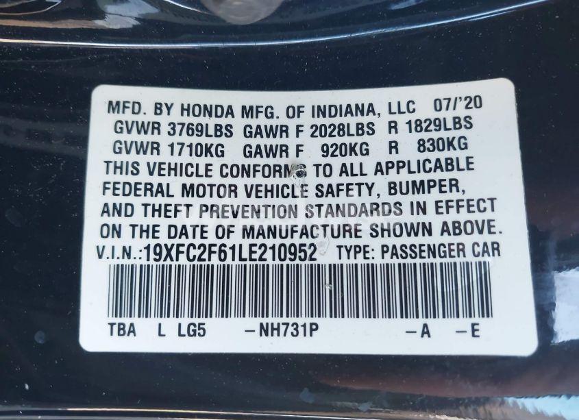 Photo 9 of 2020 Honda Civic LX (VIN 19XFC2F61LE210952)