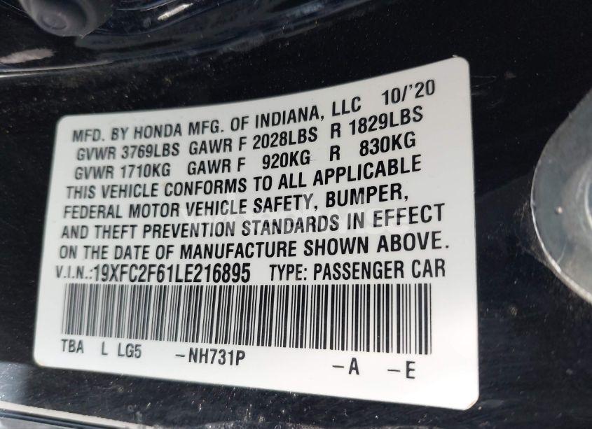 Photo 9 of 2020 Honda Civic LX (VIN 19XFC2F61LE216895)