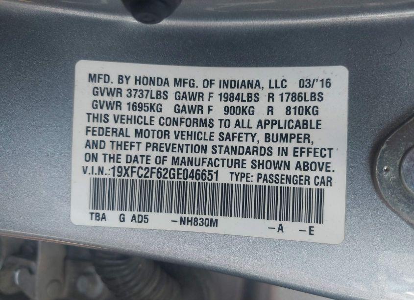 Photo 9 of 2016 Honda Civic LX (VIN 19XFC2F62GE046651)