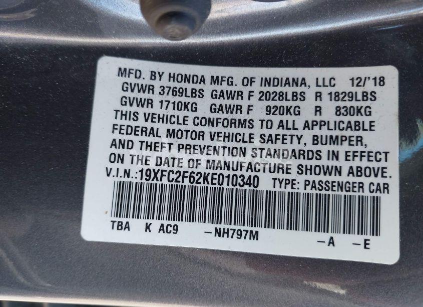 Photo 9 of 2019 Honda Civic LX (VIN 19XFC2F62KE010340)