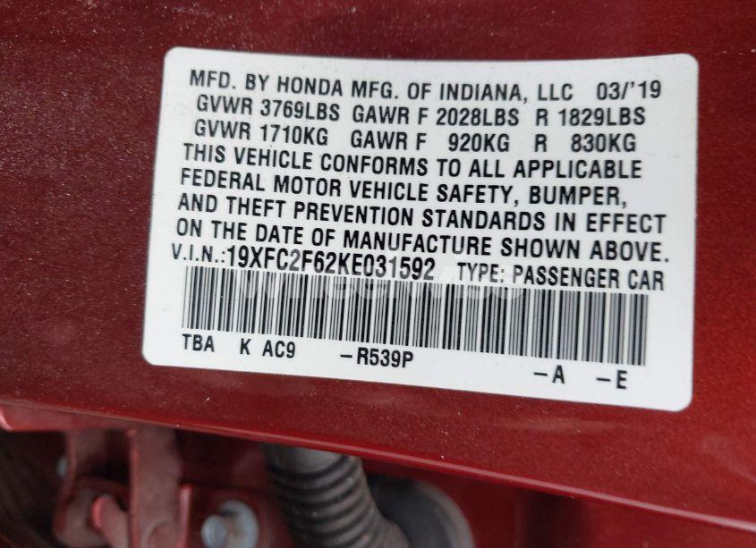 Photo 9 of 2019 Honda Civic LX (VIN 19XFC2F62KE031592)