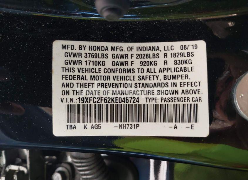 Photo 9 of 2019 Honda Civic LX (VIN 19XFC2F62KE046724)