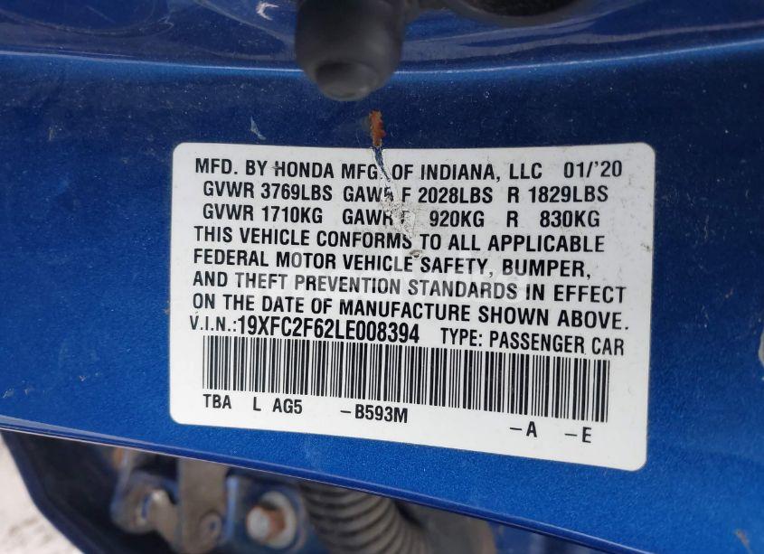 Photo 9 of 2020 Honda Civic LX (VIN 19XFC2F62LE008394)