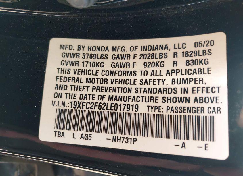 Photo 9 of 2020 Honda Civic LX (VIN 19XFC2F62LE017919)