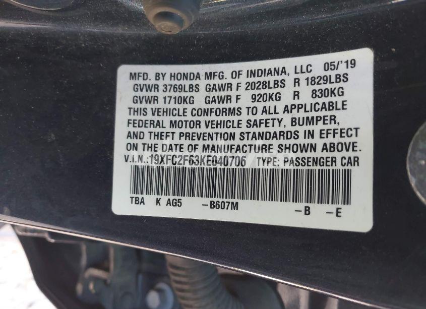 Photo 9 of 2019 Honda Civic LX (VIN 19XFC2F63KE040706)