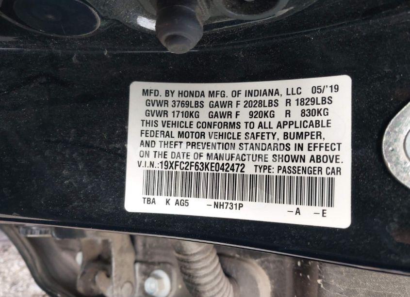 Photo 9 of 2019 Honda Civic LX (VIN 19XFC2F63KE042472)