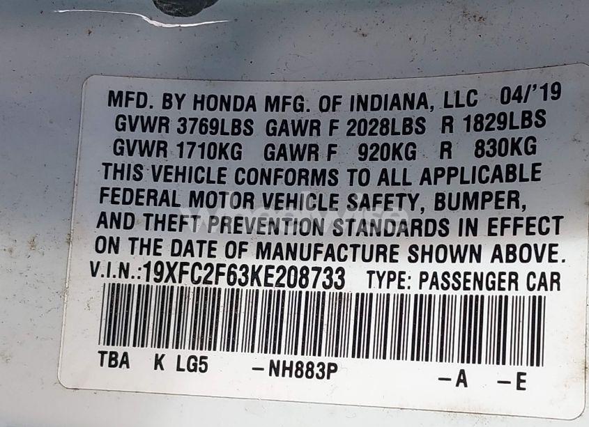 Photo 9 of 2019 Honda Civic LX (VIN 19XFC2F63KE208733)