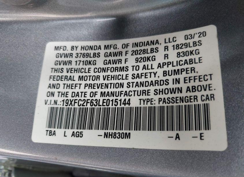 Photo 9 of 2020 Honda Civic LX (VIN 19XFC2F63LE015144)