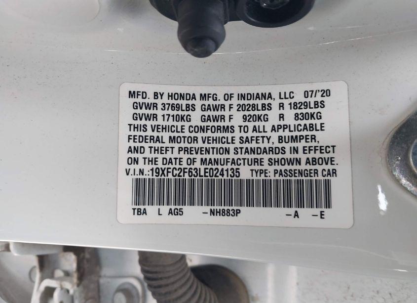 Photo 9 of 2020 Honda Civic LX (VIN 19XFC2F63LE024135)
