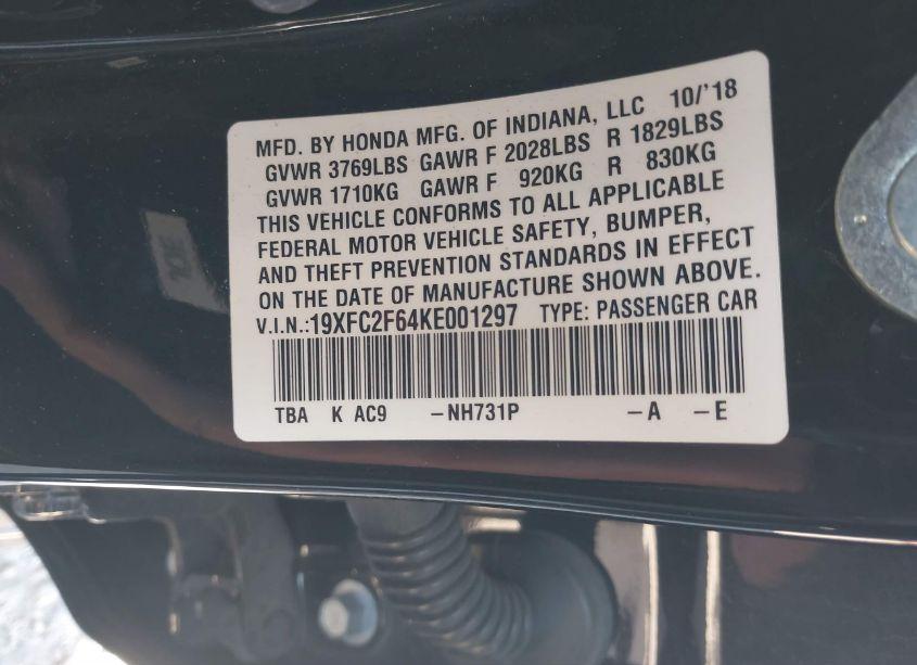 Photo 9 of 2019 Honda Civic LX (VIN 19XFC2F64KE001297)