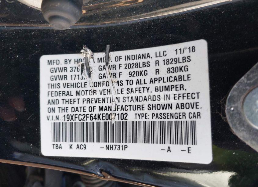 Photo 9 of 2019 Honda Civic LX (VIN 19XFC2F64KE007102)