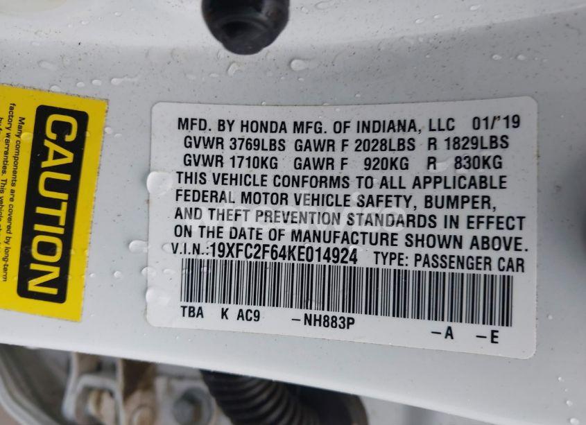 Photo 9 of 2019 Honda Civic LX (VIN 19XFC2F64KE014924)