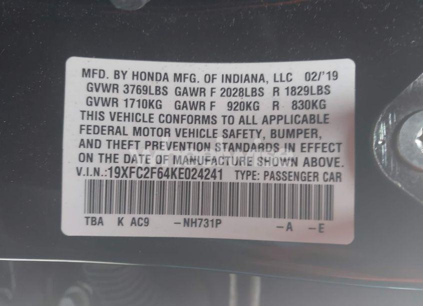 Photo 9 of 2019 Honda Civic LX (VIN 19XFC2F64KE024241)