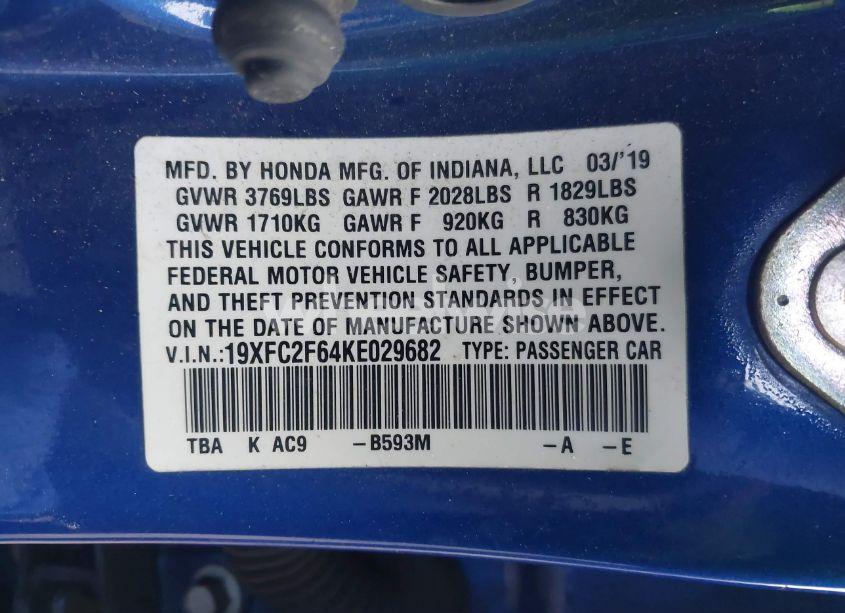 Photo 9 of 2019 Honda Civic LX (VIN 19XFC2F64KE029682)