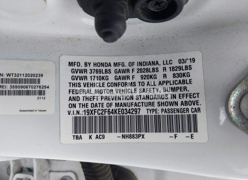 Photo 9 of 2019 Honda Civic LX (VIN 19XFC2F64KE034297)