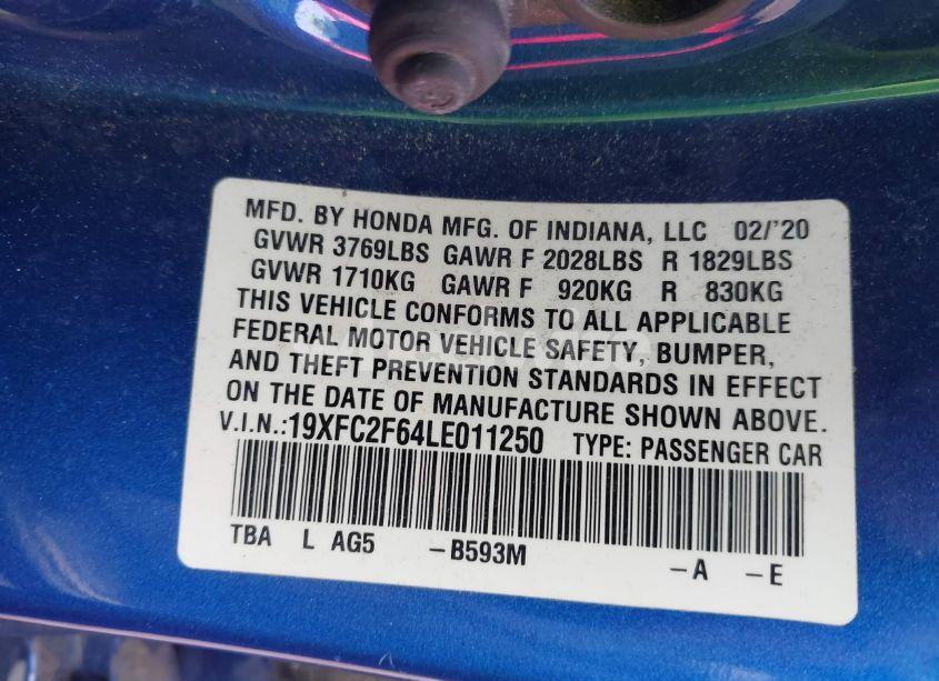 Photo 9 of 2020 Honda Civic LX (VIN 19XFC2F64LE011250)