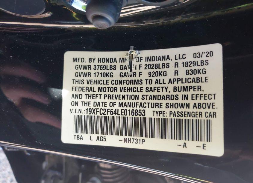 Photo 9 of 2020 Honda Civic LX (VIN 19XFC2F64LE016853)