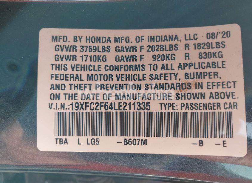 Photo 9 of 2020 Honda Civic LX (VIN 19XFC2F64LE211335)