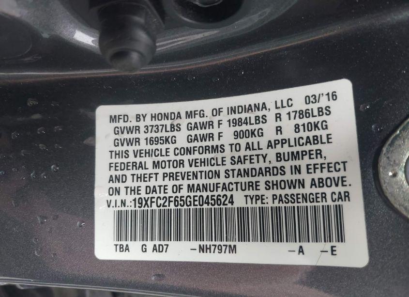Photo 9 of 2016 Honda Civic LX (VIN 19XFC2F65GE045624)