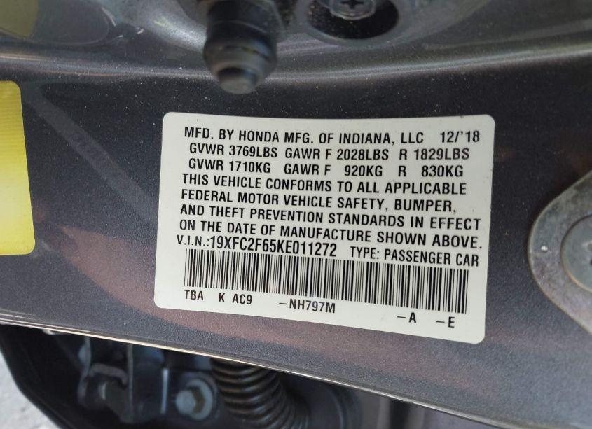 Photo 9 of 2019 Honda Civic LX (VIN 19XFC2F65KE011272)