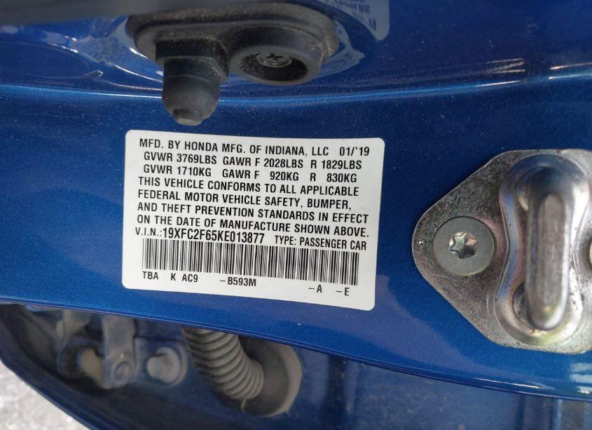 Photo 9 of 2019 Honda Civic LX (VIN 19XFC2F65KE013877)