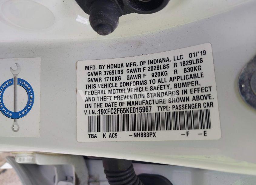 Photo 9 of 2019 Honda Civic LX (VIN 19XFC2F65KE015967)