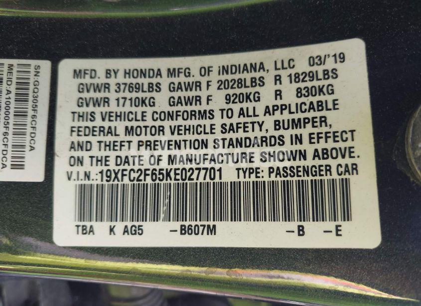 Photo 9 of 2019 Honda Civic LX (VIN 19XFC2F65KE027701)
