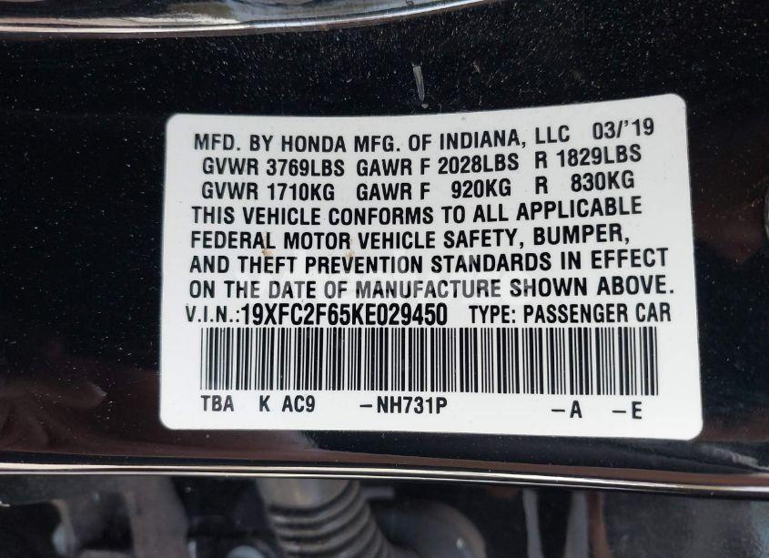 Photo 9 of 2019 Honda Civic LX (VIN 19XFC2F65KE029450)