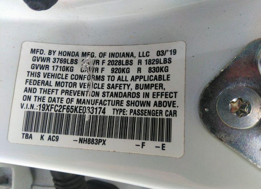 Photo 9 of 2019 Honda Civic LX (VIN 19XFC2F65KE033174)