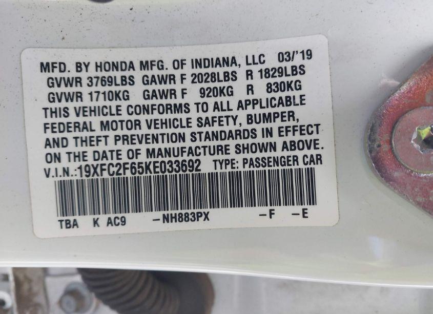 Photo 9 of 2019 Honda Civic LX (VIN 19XFC2F65KE033692)