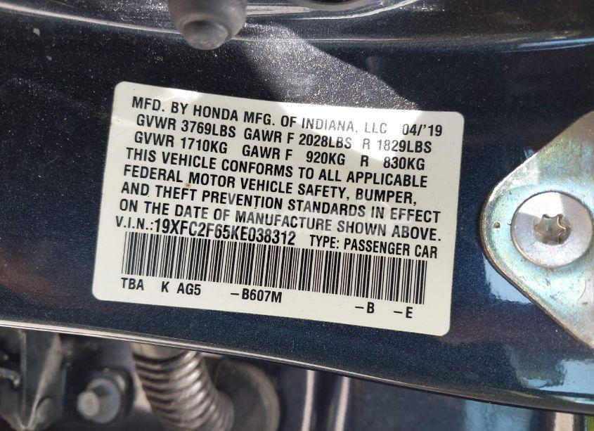 Photo 9 of 2019 Honda Civic LX (VIN 19XFC2F65KE038312)