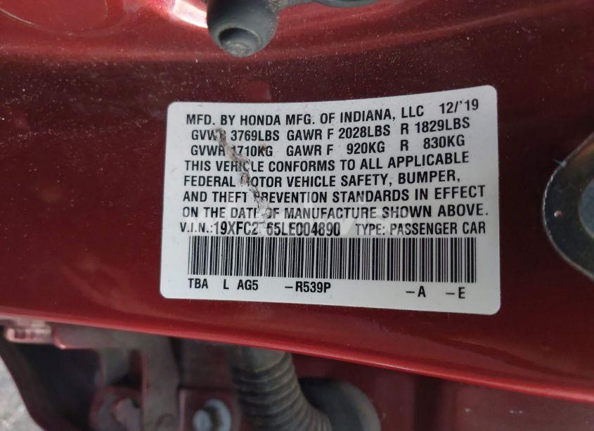 Photo 9 of 2020 Honda Civic LX (VIN 19XFC2F65LE004890)