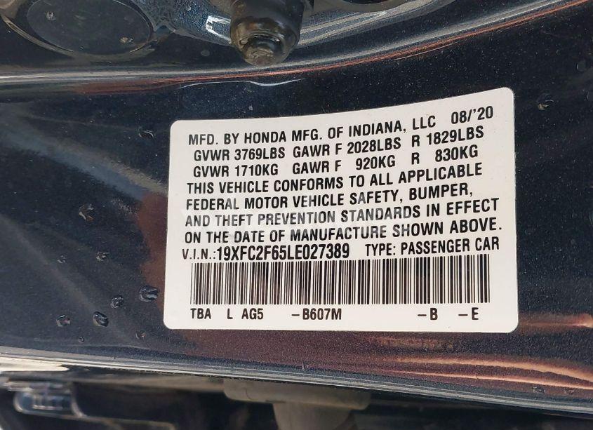 Photo 9 of 2020 Honda Civic LX (VIN 19XFC2F65LE027389)