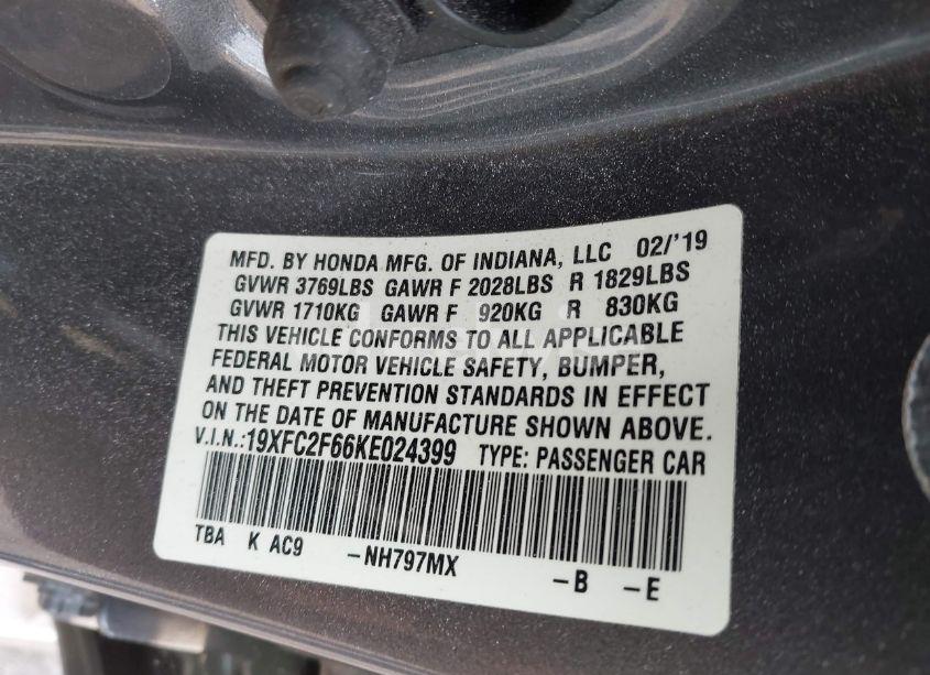 Photo 9 of 2019 Honda Civic LX (VIN 19XFC2F66KE024399)