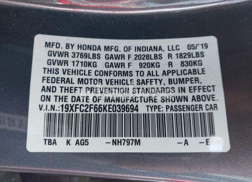 Photo 9 of 2019 Honda Civic LX (VIN 19XFC2F66KE039694)