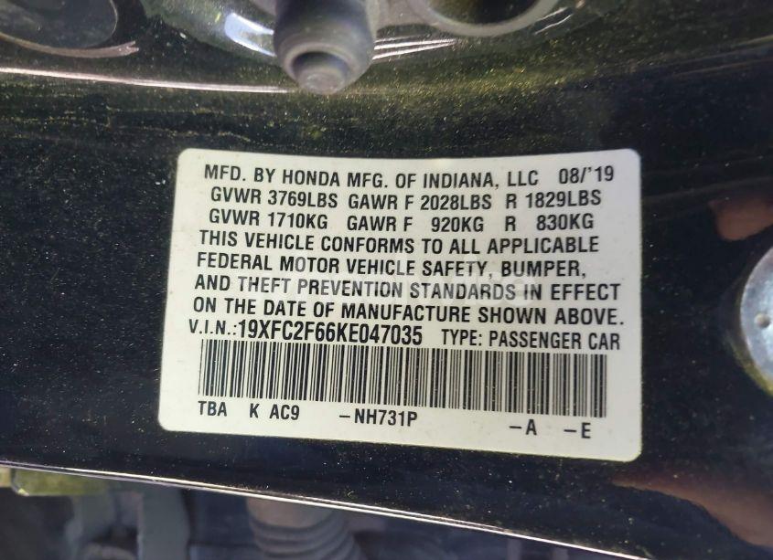 Photo 9 of 2019 Honda Civic LX (VIN 19XFC2F66KE047035)