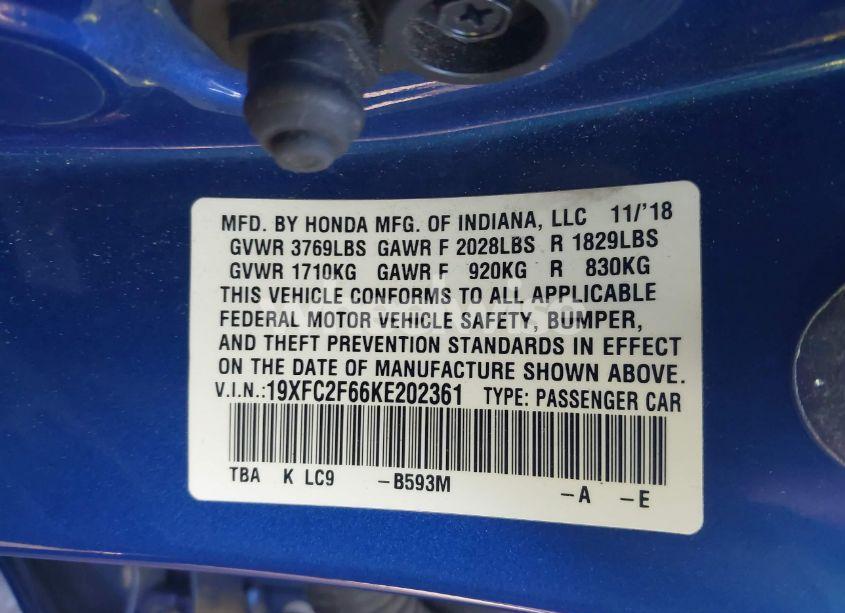 Photo 9 of 2019 Honda Civic LX (VIN 19XFC2F66KE202361)