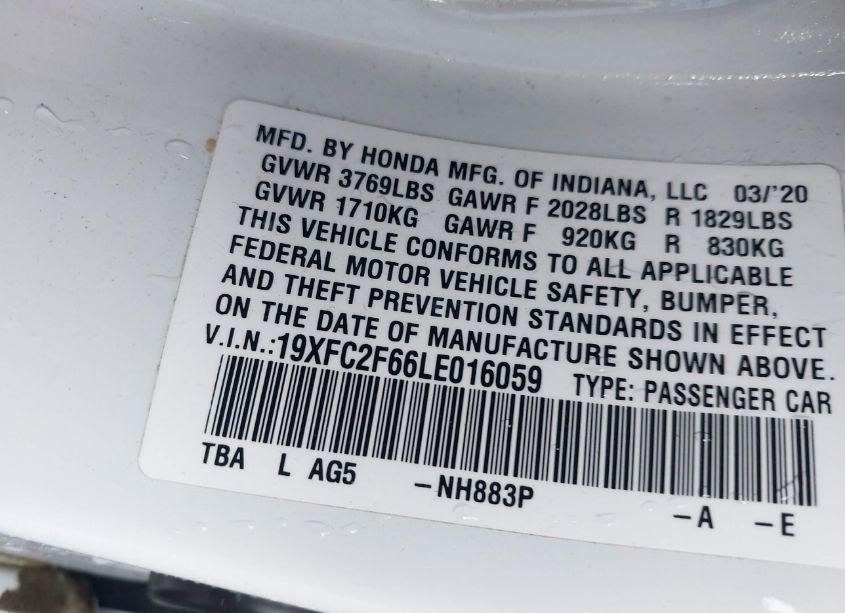 Photo 9 of 2020 Honda Civic LX (VIN 19XFC2F66LE016059)