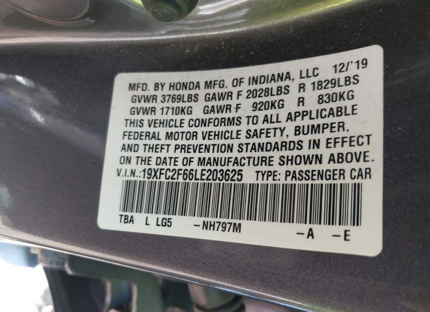 Photo 9 of 2020 Honda Civic LX (VIN 19XFC2F66LE203625)