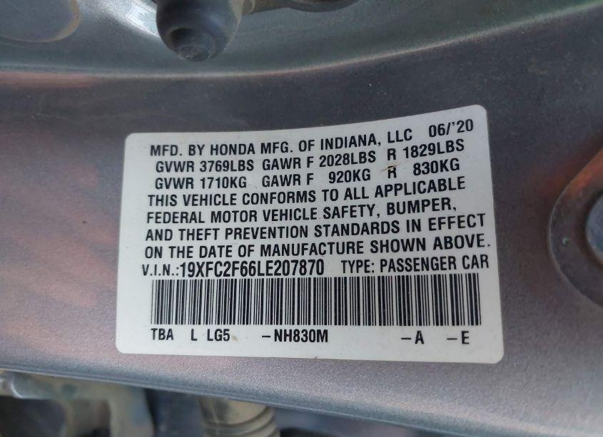 Photo 9 of 2020 Honda Civic LX (VIN 19XFC2F66LE207870)