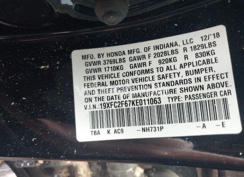 Photo 9 of 2019 Honda Civic LX (VIN 19XFC2F67KE011063)