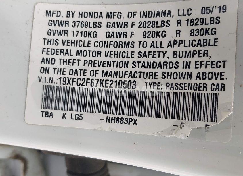 Photo 9 of 2019 Honda Civic LX (VIN 19XFC2F67KE210503)