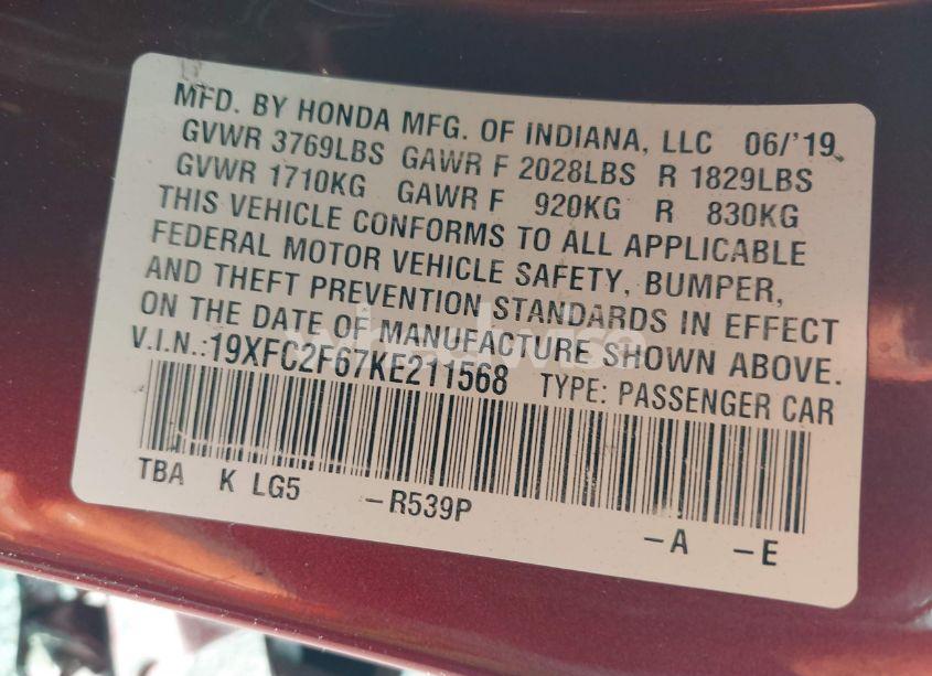 Photo 9 of 2019 Honda Civic LX (VIN 19XFC2F67KE211568)