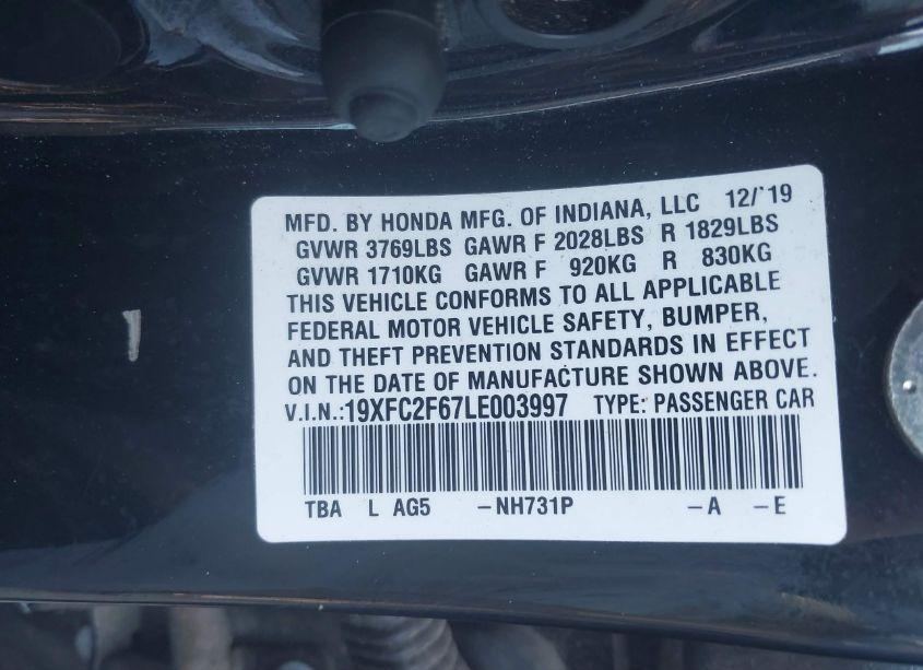 Photo 9 of 2020 Honda Civic LX (VIN 19XFC2F67LE003997)