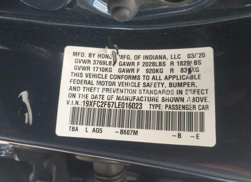 Photo 9 of 2020 Honda Civic LX (VIN 19XFC2F67LE016023)