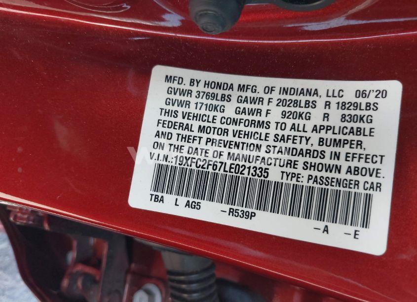 Photo 9 of 2020 Honda Civic LX (VIN 19XFC2F67LE021335)